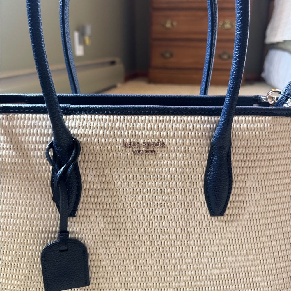 kate spade Cream and Black Straw Tote with Leather Trim - Picture 2 of 6